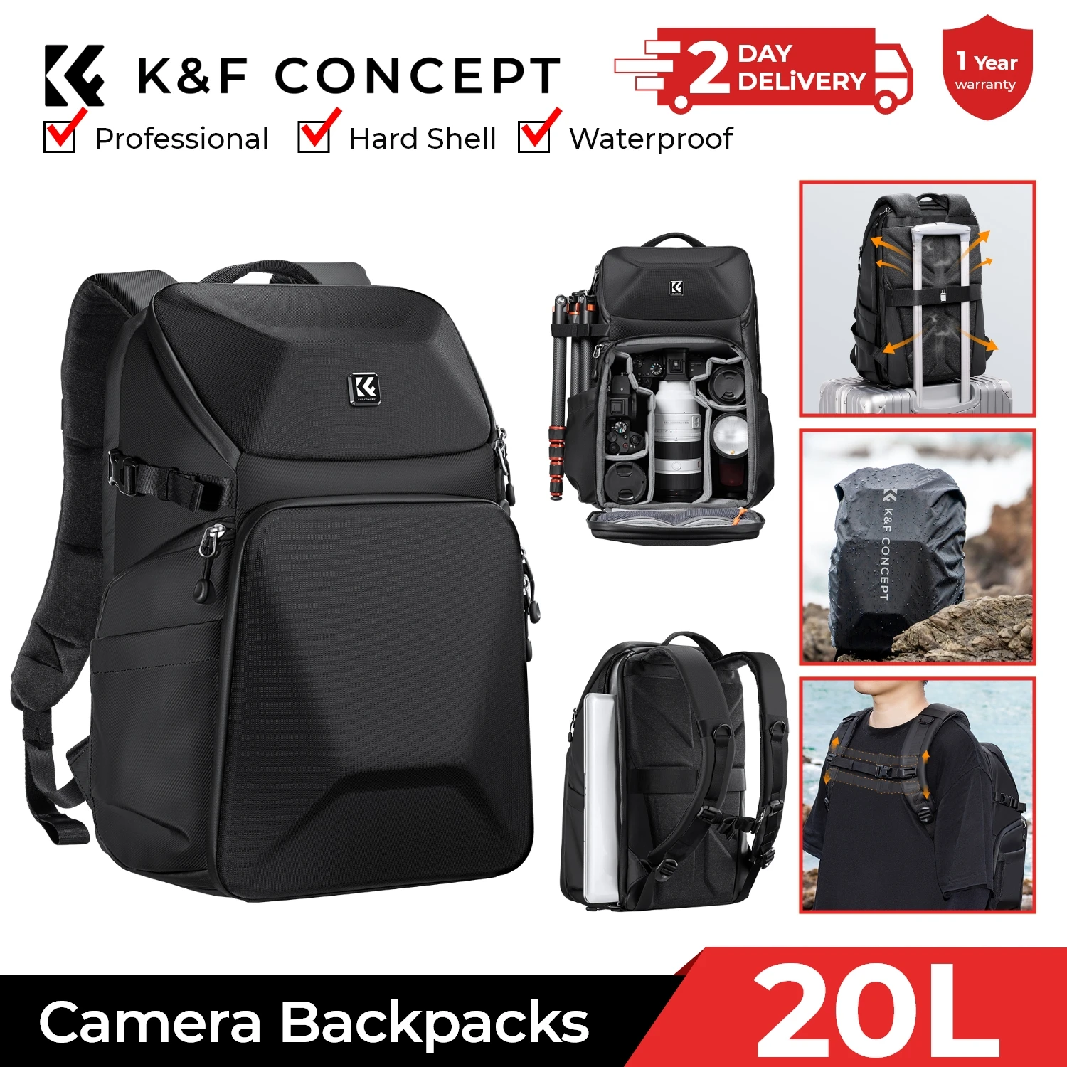 Laptop Backpack 15.6 - Фотосумка K&F CONCEPT 20L с водонепроницаемым